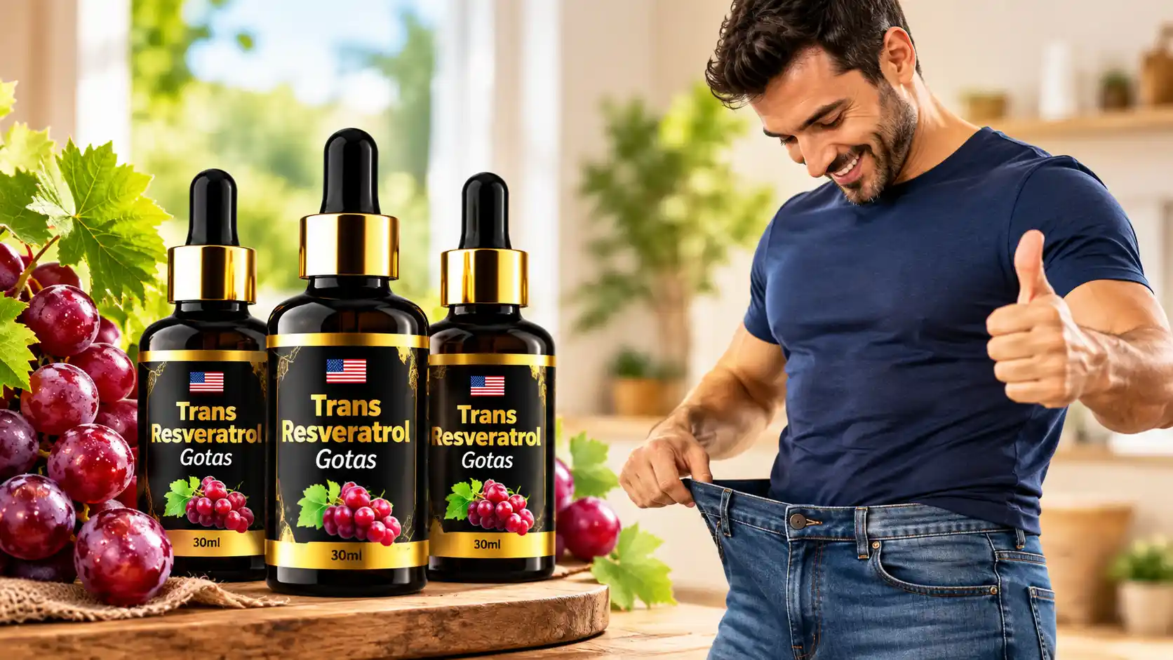 Frascos de trans-resveratrol em gotas com bandeiras dos Estados Unidos e homem sorrindo e puxando a calça enquanto faz sinal de positivo.
