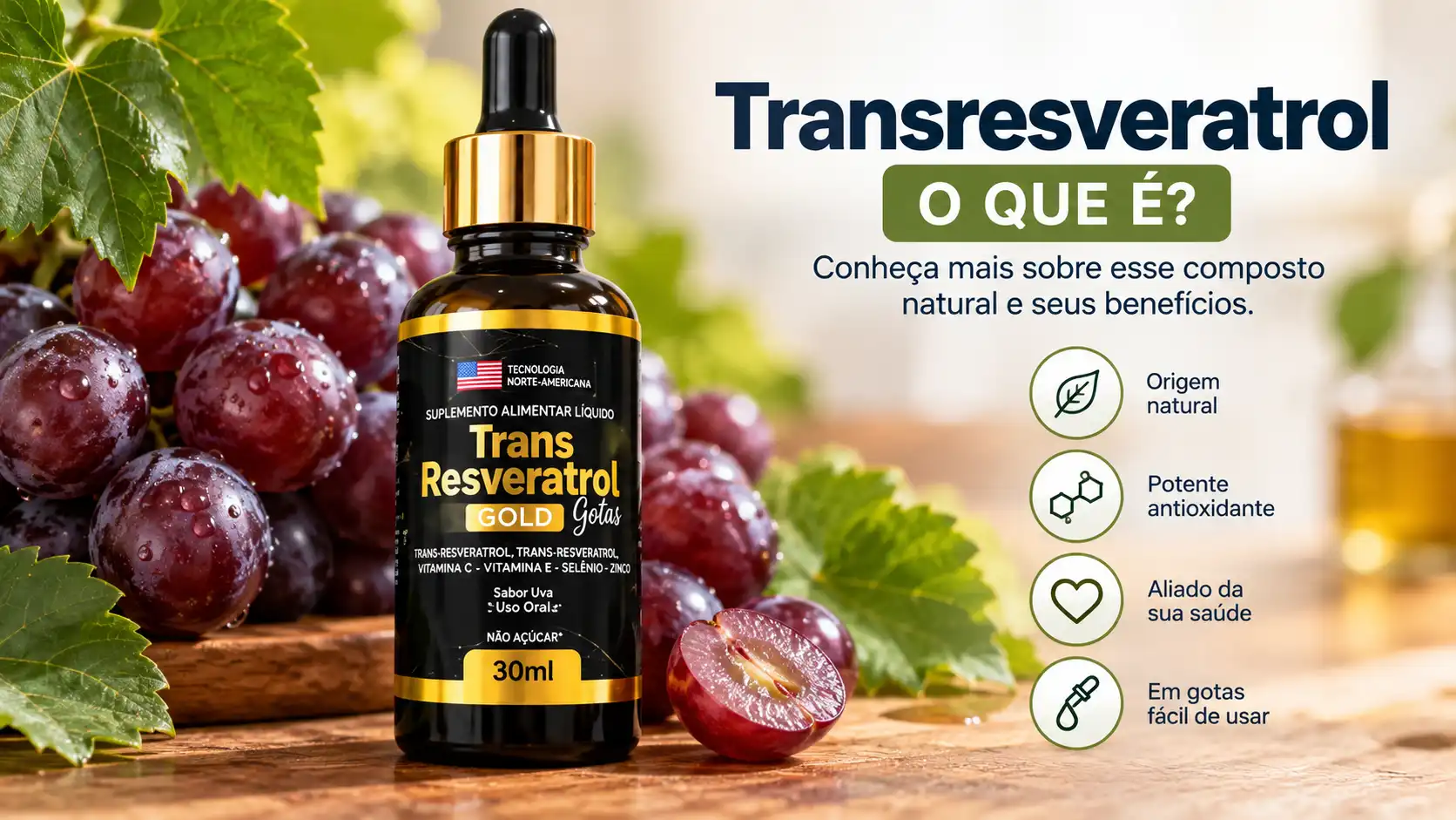 Frasco de Trans Resveratrol Gold em gotas com uvas ao fundo