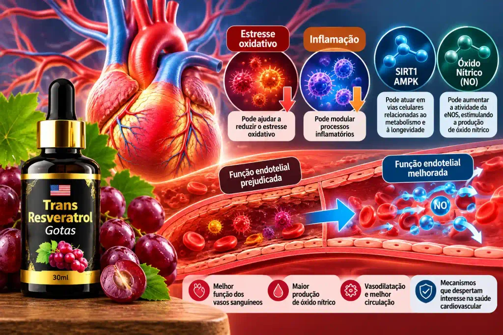 Infográfico sobre trans-resveratrol, estresse oxidativo, inflamação, óxido nítrico e função endotelial na saúde cardiovascular.
