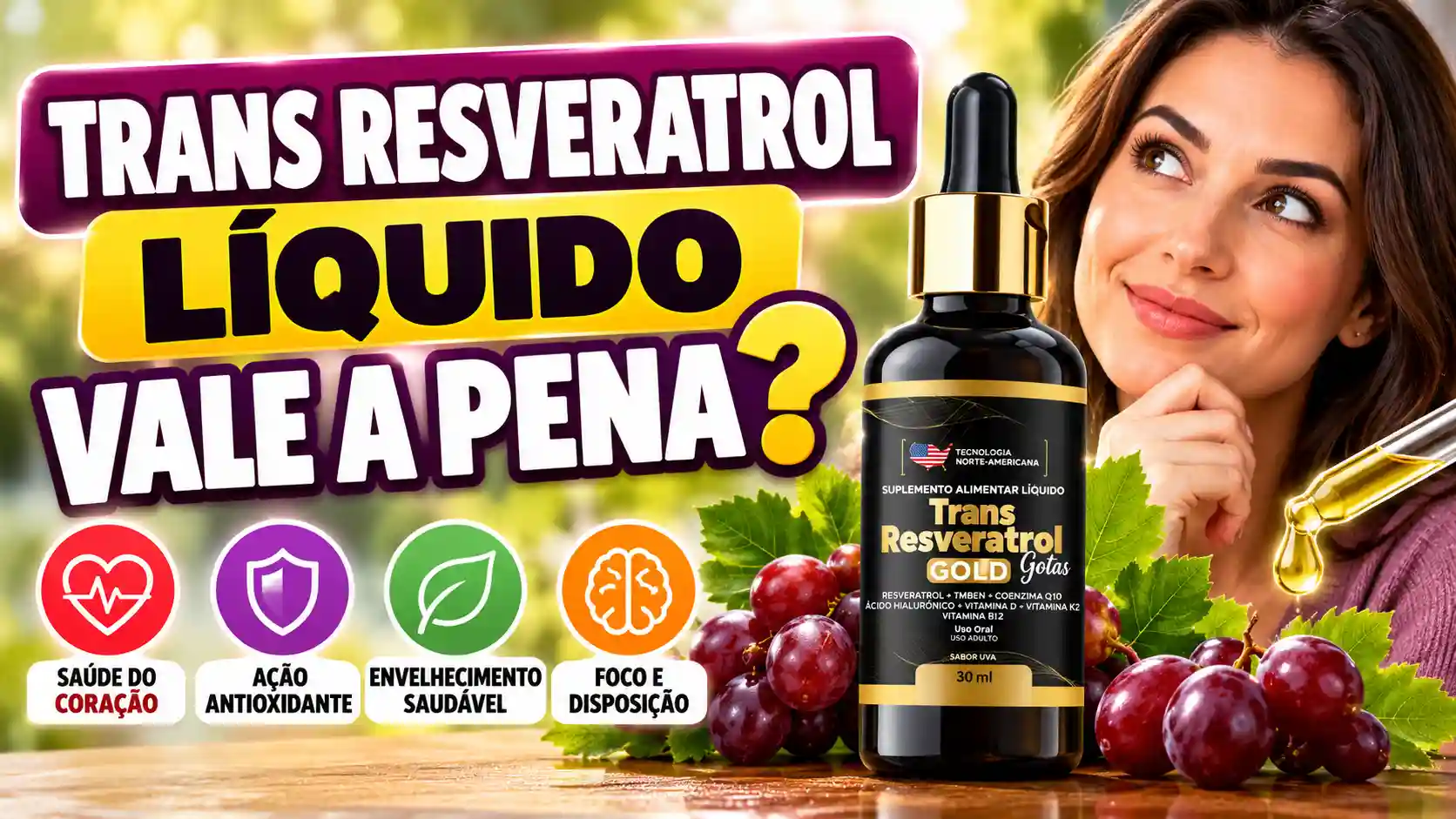 Frasco de Trans Resveratrol Gold Gotas 30 ml com uvas e ilustração de mulher, em imagem sobre se o trans resveratrol líquido vale a pena.