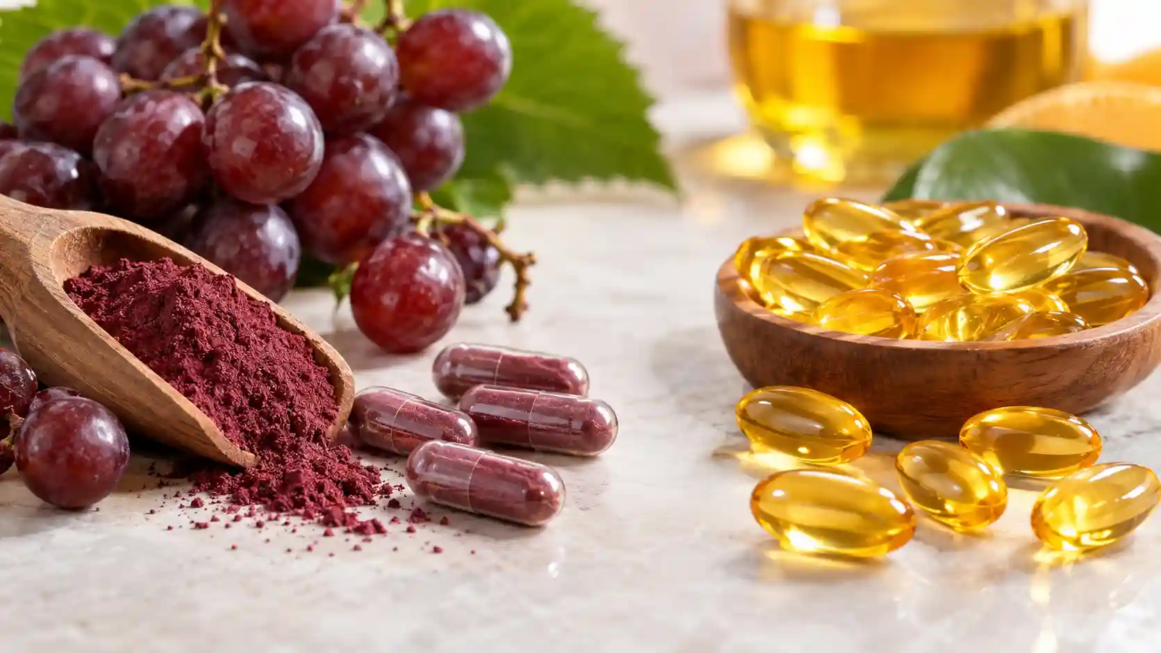 Composição ilustrativa de trans resveratrol associado a uvas roxas e cápsulas, ao lado de cápsulas douradas de coenzima Q10.
