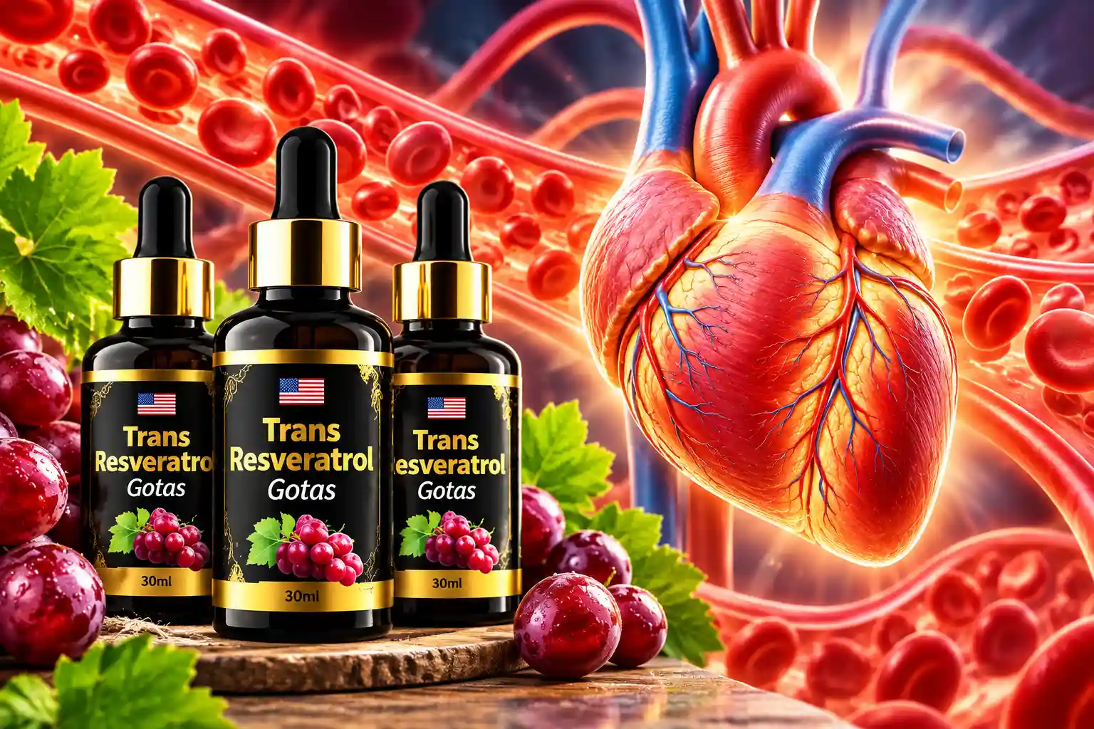 Frascos de trans-resveratrol em gotas ao lado de um coração e vasos sanguíneos