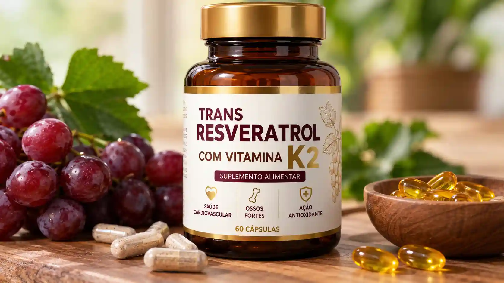 Frasco ilustrativo de trans-resveratrol com vitamina K2, cápsulas e uvas. Título: Trans Resveratrol com Vitamina K2