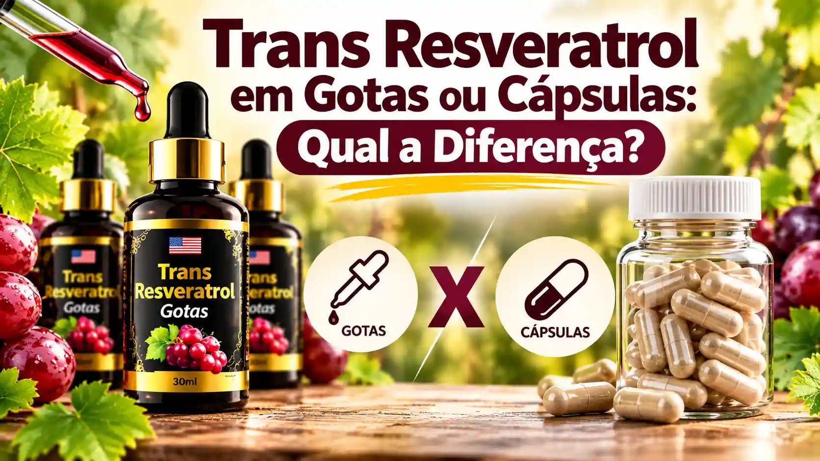 Transresveratrol em gotas ou cápsulas: comparação entre frasco de Trans Resveratrol Gotas 30 ml e cápsulas.